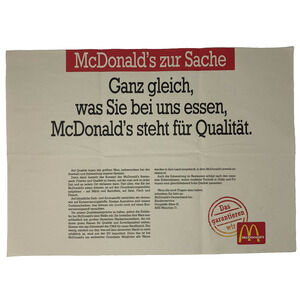 Vintage 90s McDonalds Germany Placemat Tray Liner Fast Food Stand For Quality